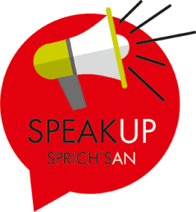 Icon mit roter Sprechblase mit Megafon und dem Text Speak Up - Sprich´s an